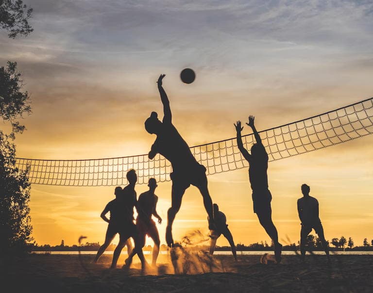 Birkaç kişi plajda voleybol oynuyor. Güneş ışığından dolayı neredeyse her ayrıntı karanlık görünüyor.